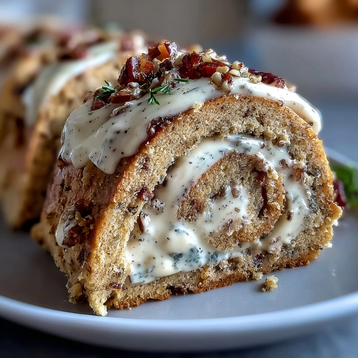 Perfectly rolled Hojicha Roll Cake with vibrant mango strips on a clean plate.
