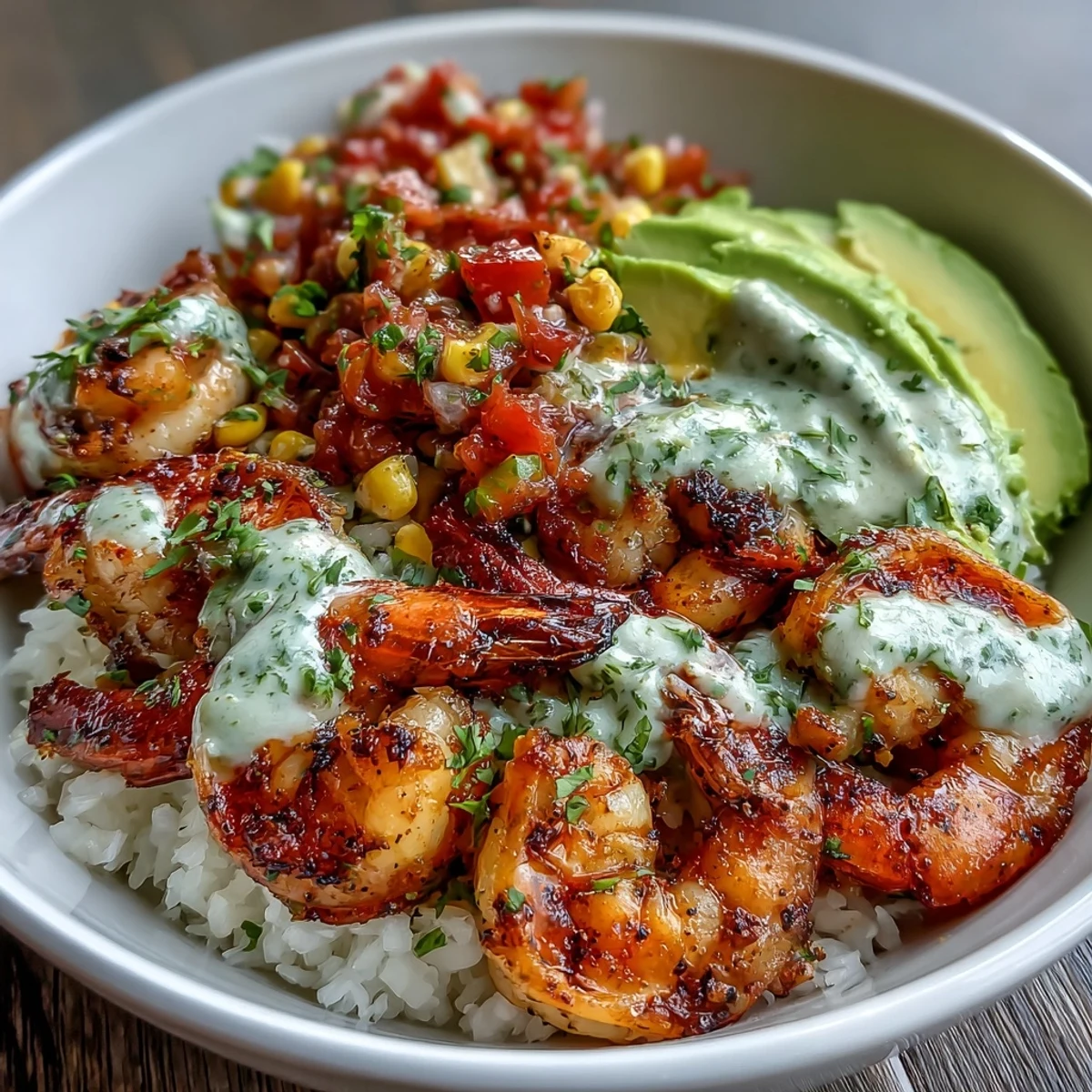 Close-up of smoky grilled shrimp layered over corn salsa, avocado slices, and drizzled with creamy garlic sauce in a bowl.