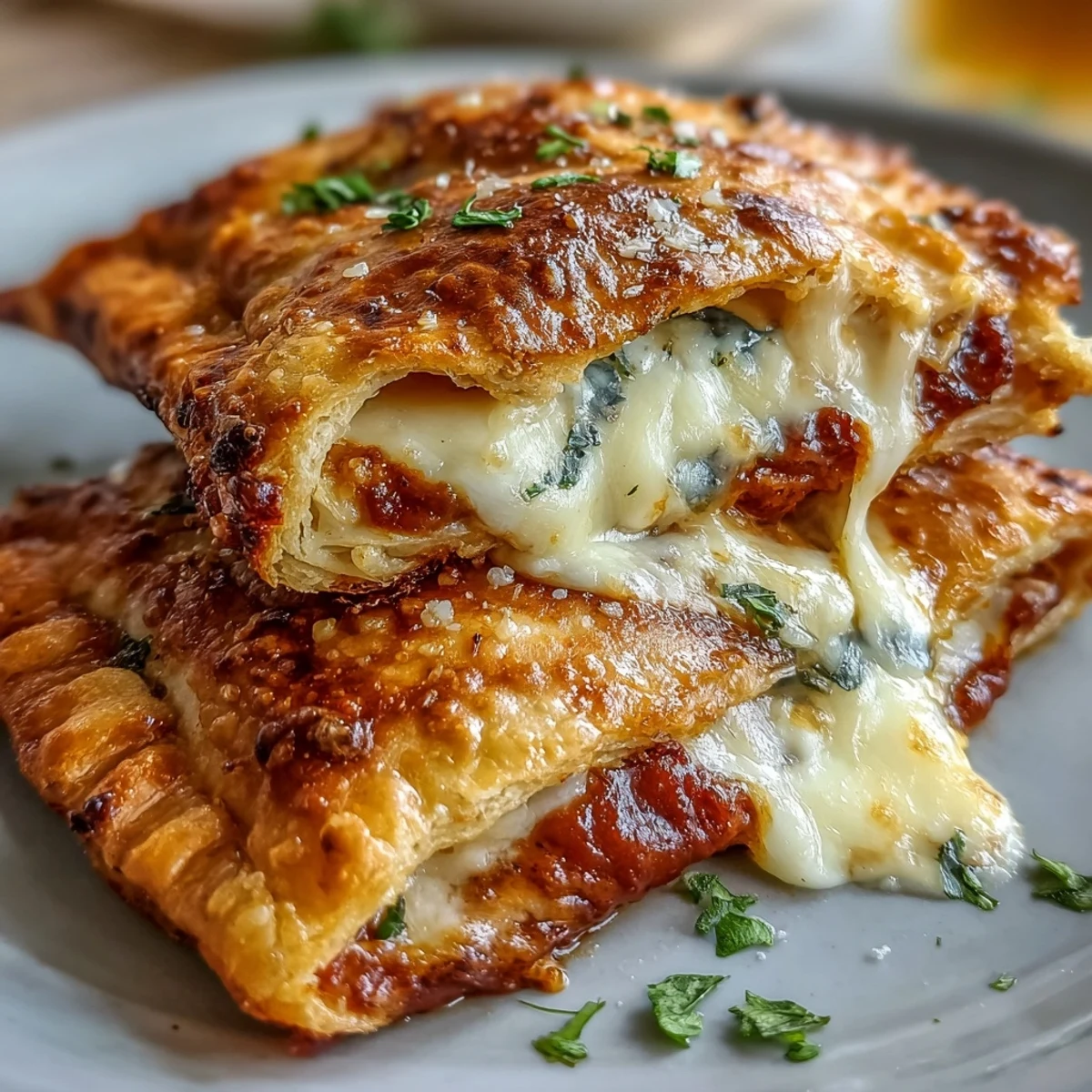 Golden-brown High Protein Pizza Hot Pockets rest on parchment paper, showcasing melted mozzarella and zesty red sauce oozing from the flaky crust.