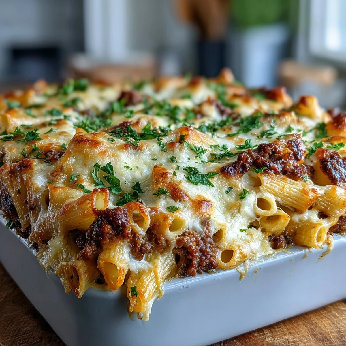 This Cottage Cheese Protein Pasta Bake with Ground Beef is layered over whole wheat penne with a creamy, rich texture.