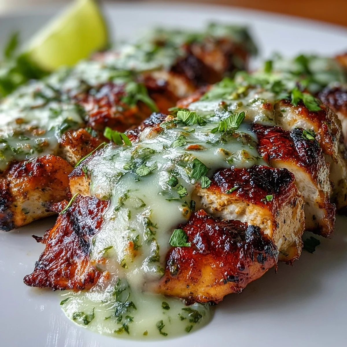 Sizzling Grilled Salsa Verde Pepper Jack Chicken fresh off the grill, served with lime wedges.