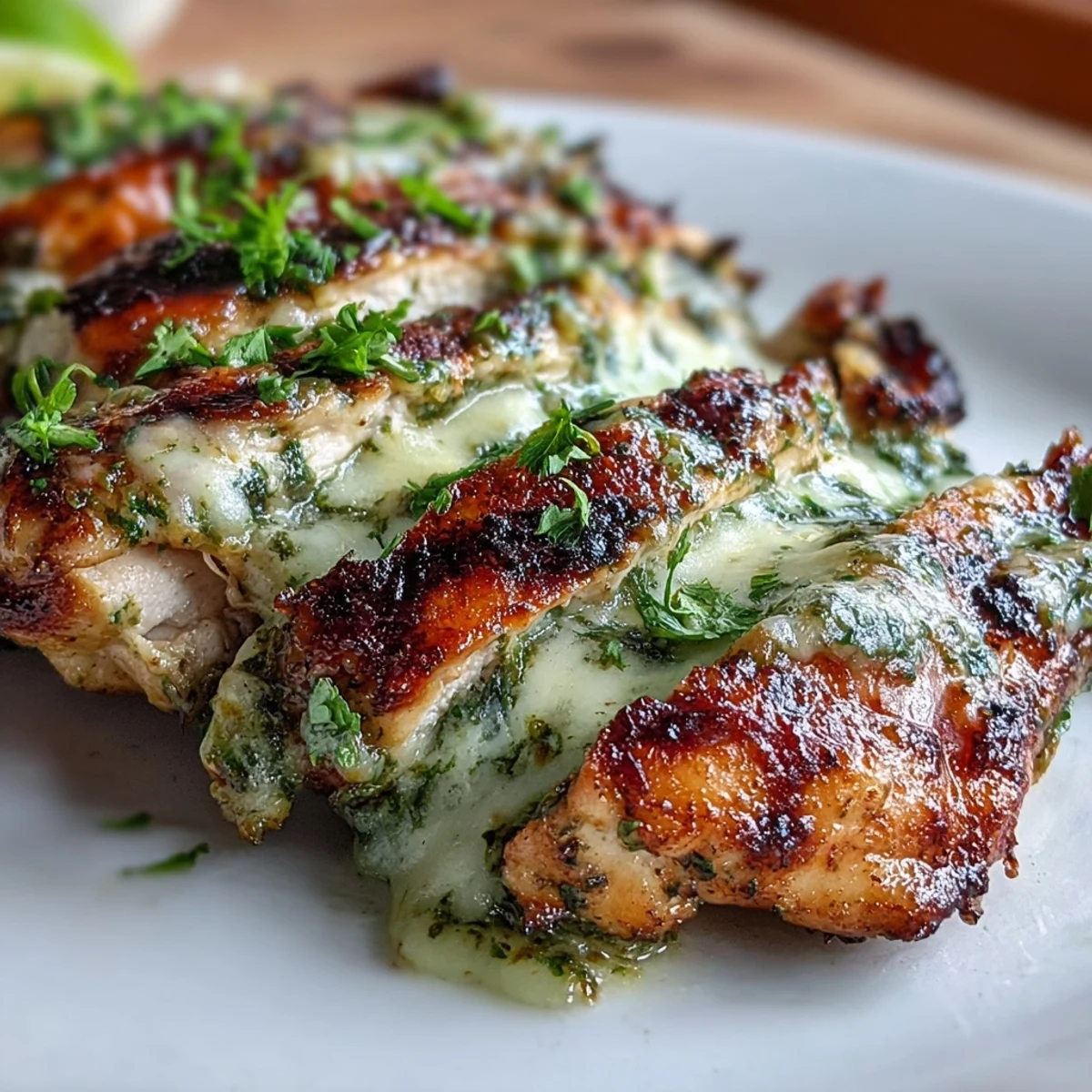 A close-up of Grilled Salsa Verde Pepper Jack Chicken, showing the creamy, bubbly pepper Jack cheese topping.