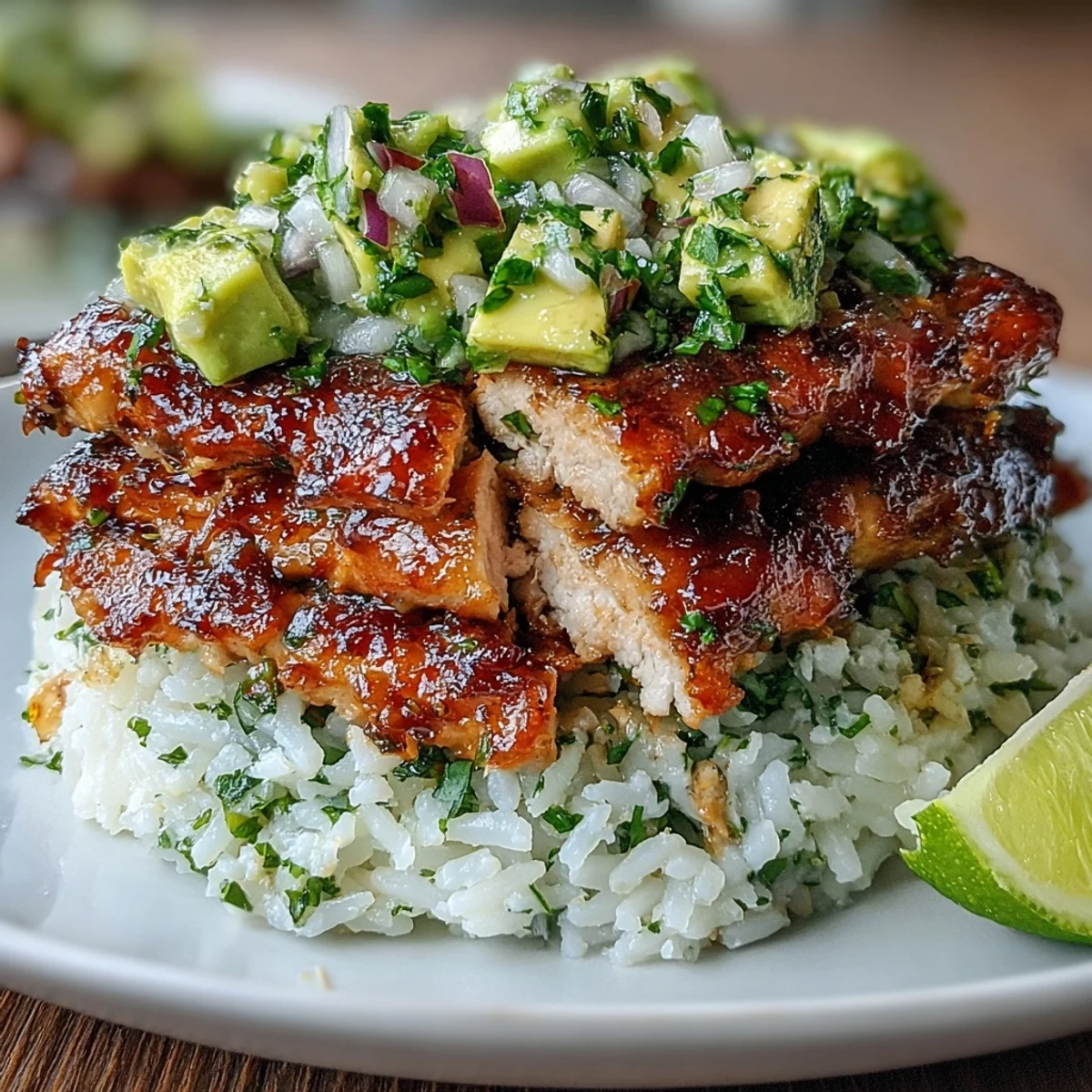 Grilled honey lime chicken slices layered over jasmine rice with a vibrant avocado-cilantro salsa, garnished with lime.