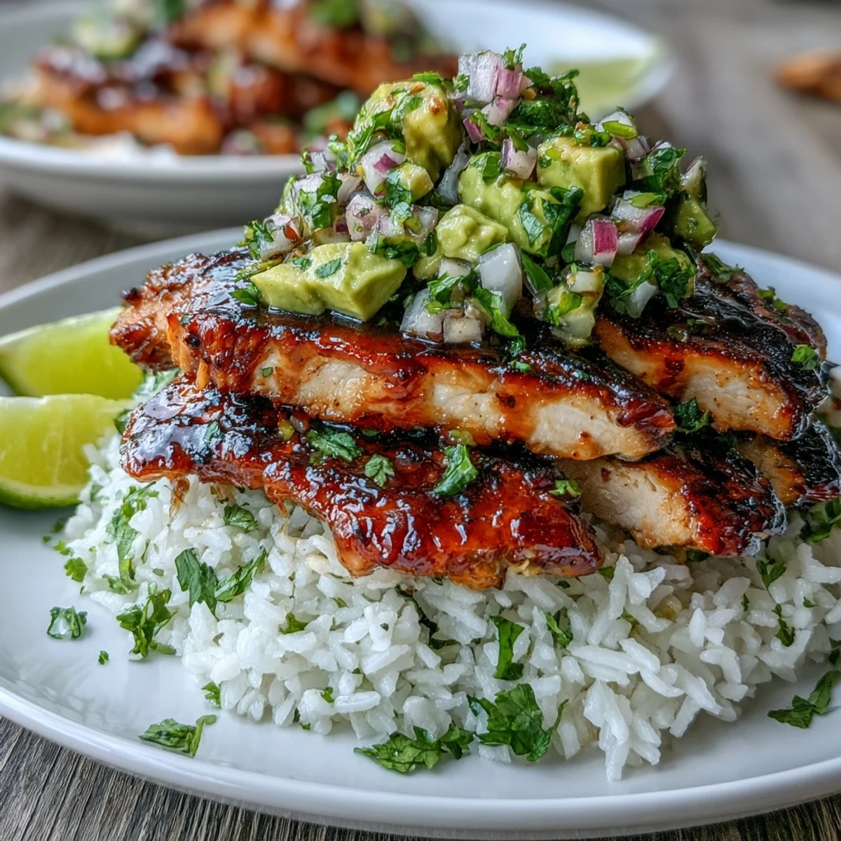 A stacked dinner featuring juicy chicken, fluffy rice, and creamy avocado salsa, served on a white plate.