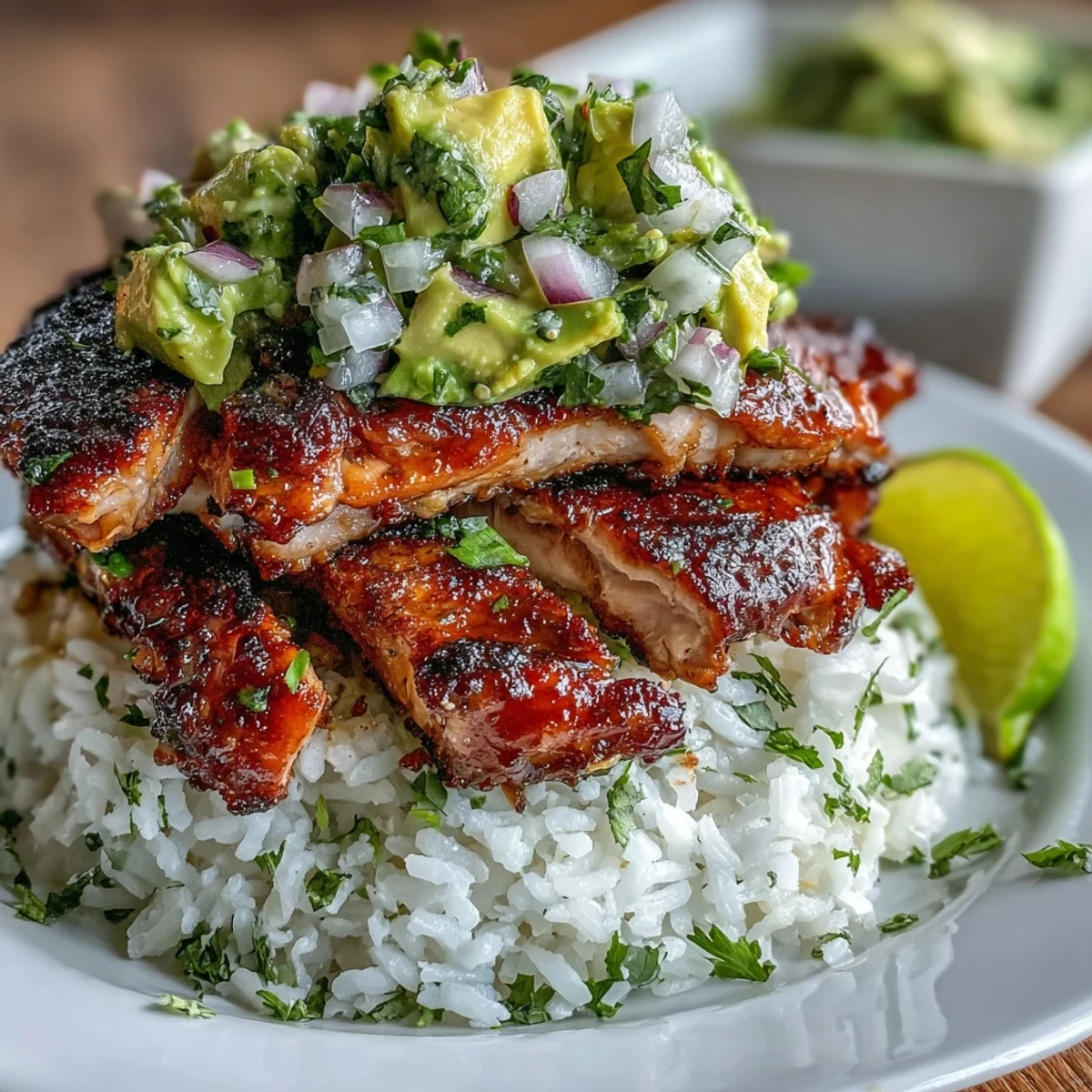 Close-up of a Tangy Honey Lime Chicken and Avocado Rice Stack, highlighting the charred chicken and fresh cilantro garnish.