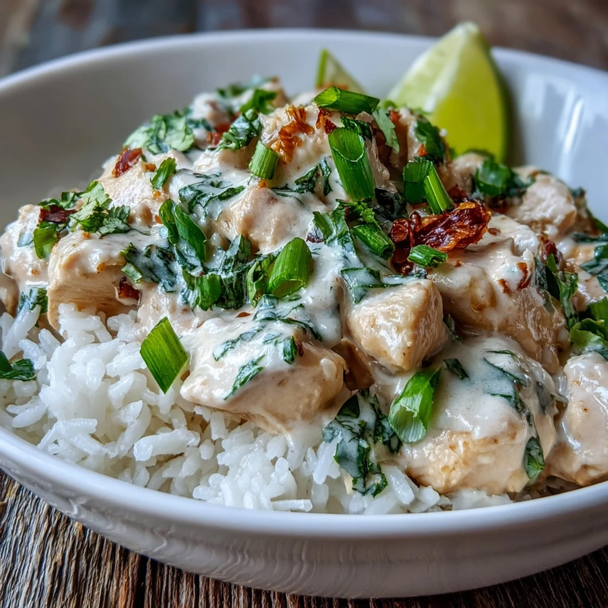 A warm Coconut Chicken Rice Bowl with creamy coconut sauce, tender chicken, and fresh cilantro garnish.