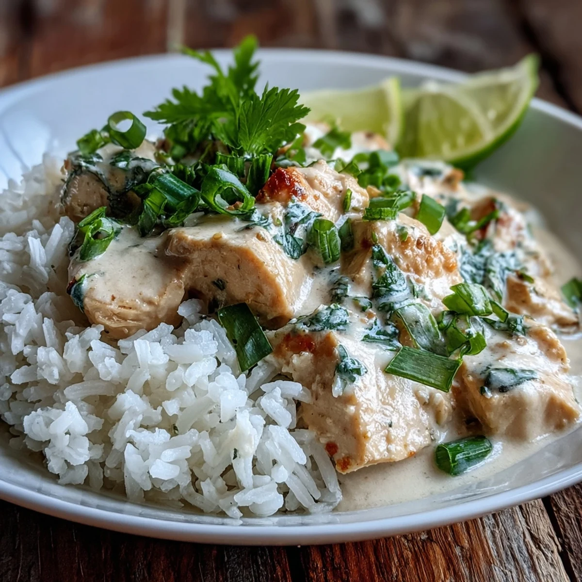 Savory Coconut Chicken Rice Bowl served over fluffy rice, garnished with sliced green onions and lime wedges.