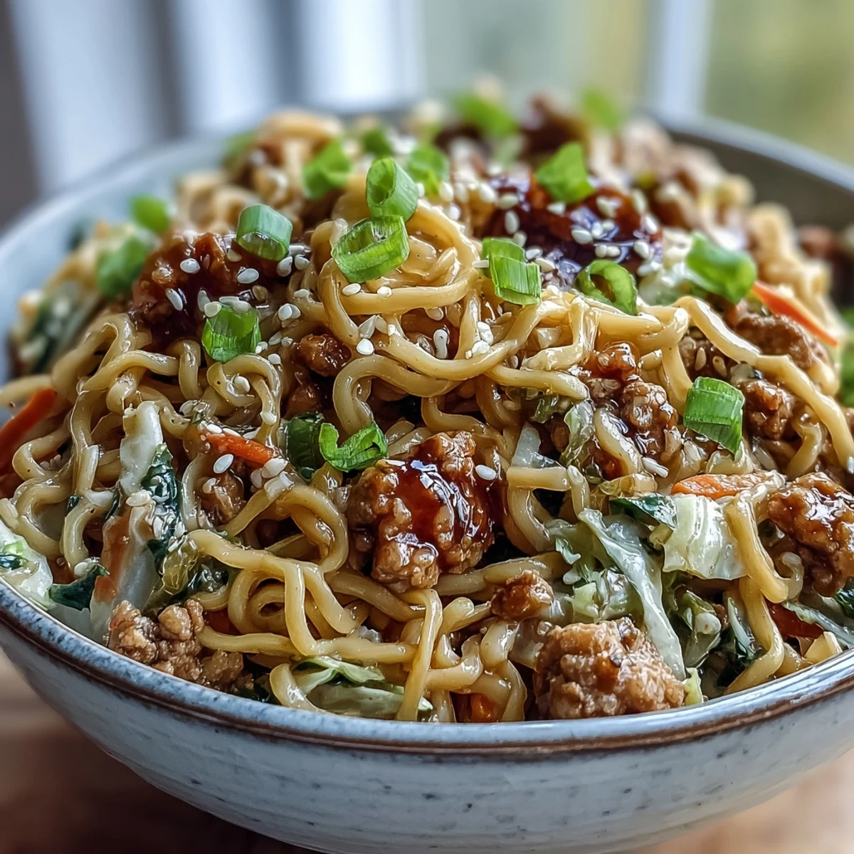 Golden noodles and turkey in a glossy sesame sauce, a quick weeknight stir-fry inspired by potsticker flavors.