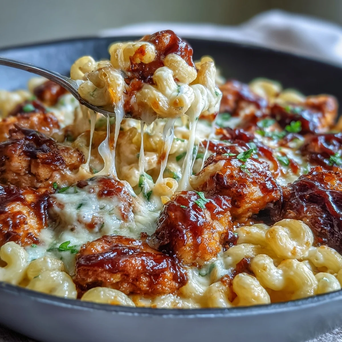 Sticky Honey BBQ Chicken Pasta Skillet bubbling in a cast-iron pan with melted cheddar and golden chicken pieces.