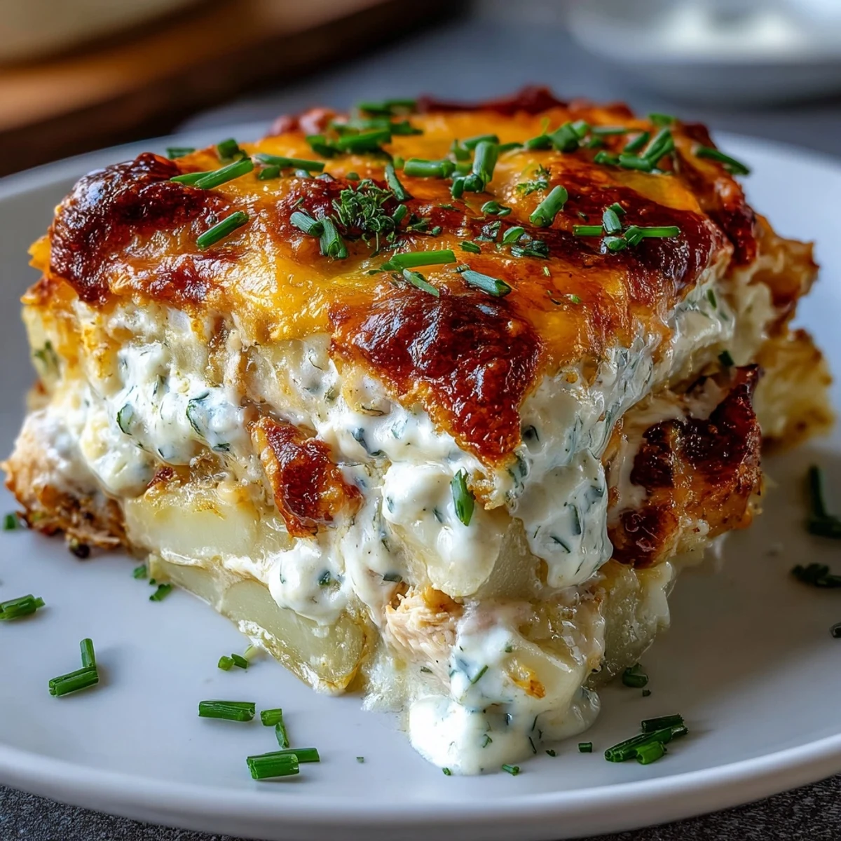 A rustic serving of Creamy Ranch Chicken Potato bake features tender chicken and sliced Yukon Gold potatoes.