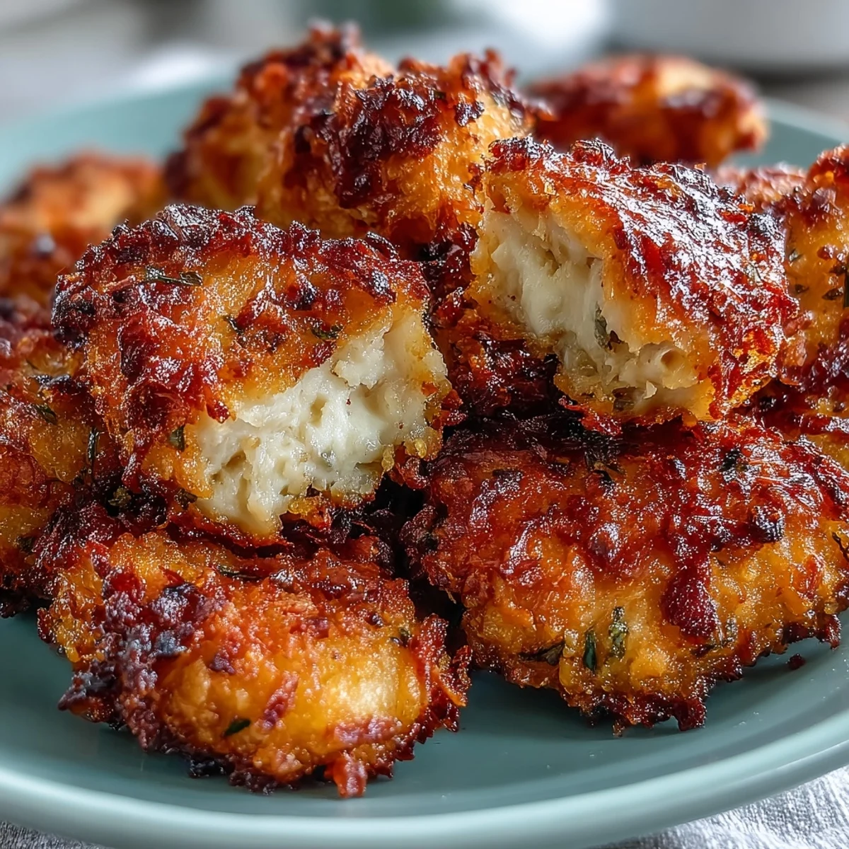 Golden-baked Asiago Panko Chicken Bites arranged on a rustic platter with a side of creamy marinara dipping sauce.