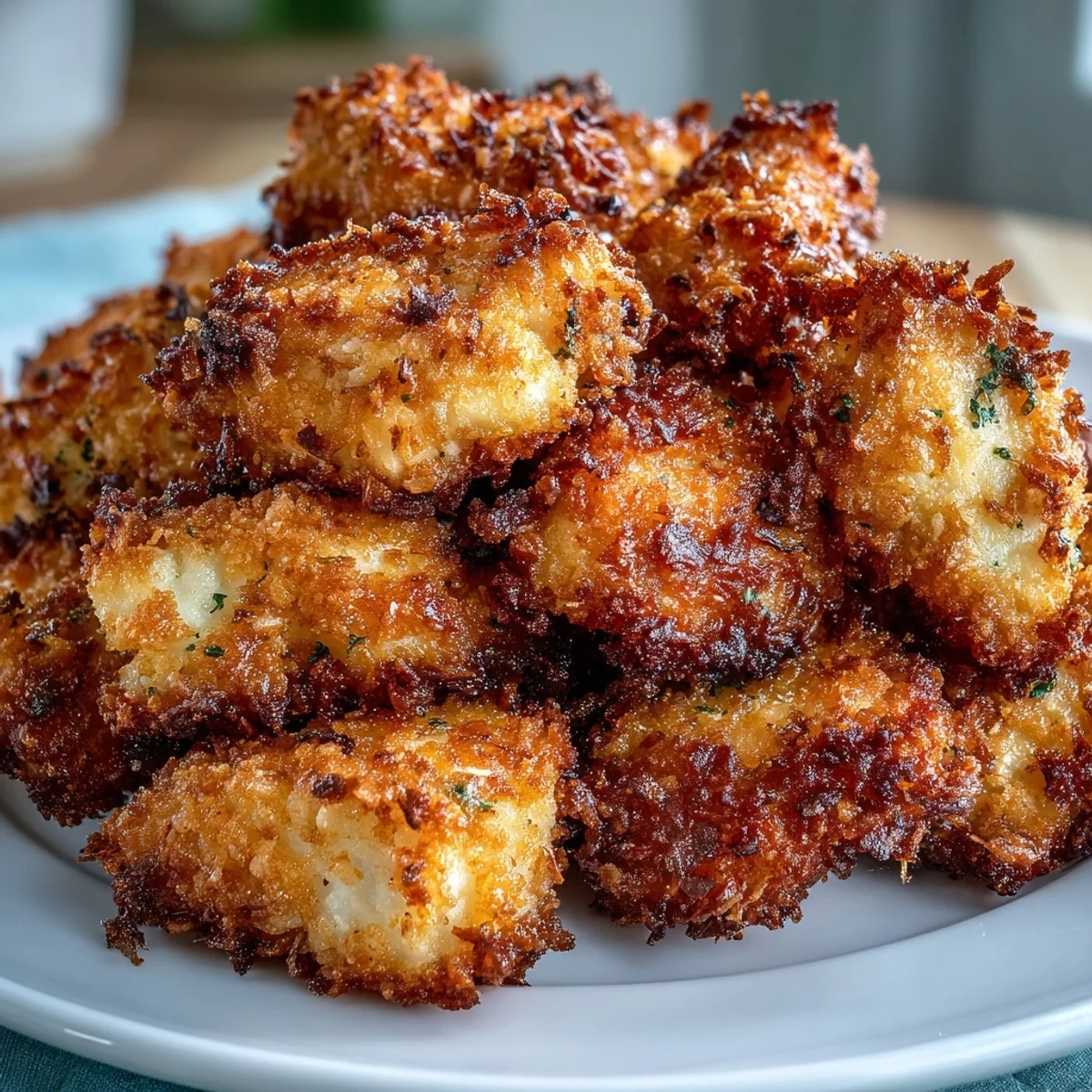 Crispy golden Asiago Panko Chicken Bites served over a fresh garden salad with ranch dressing drizzle.