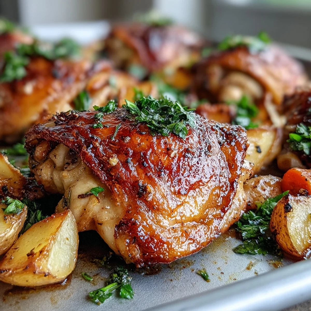 One-pan meal of juicy ranch chicken thighs and caramelized vegetables served hot from the oven.