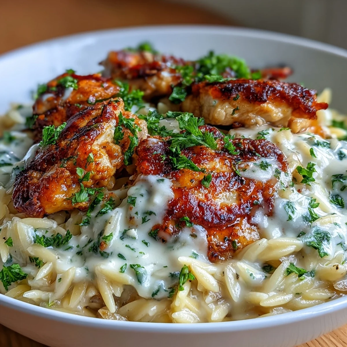 Golden-brown chicken pieces glisten in a creamy garlic Parmesan sauce, mingling with tender orzo pasta in a deep skillet.
