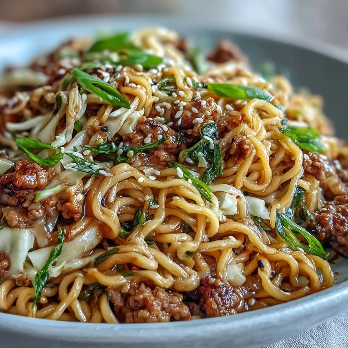 Creamy Potsticker Noodle Stir-Fry served warm with toasted sesame seeds and green onions, perfect for a quick and satisfying weeknight dinner.
