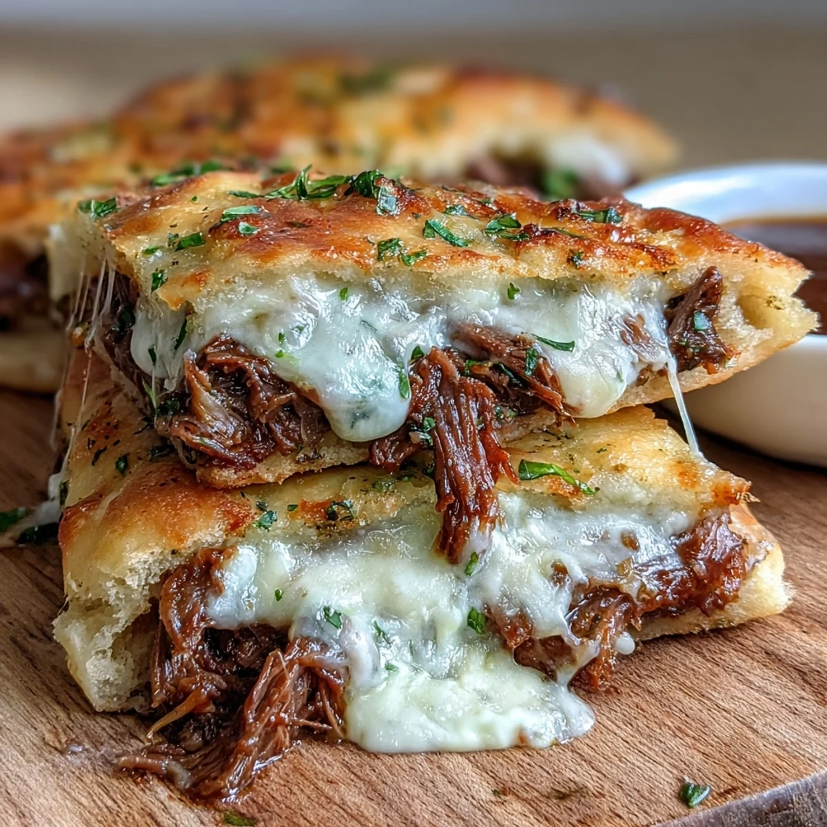 Slow Cooker Beef & Garlic Naan Melt piled high with tender shredded beef and gooey melted cheese.