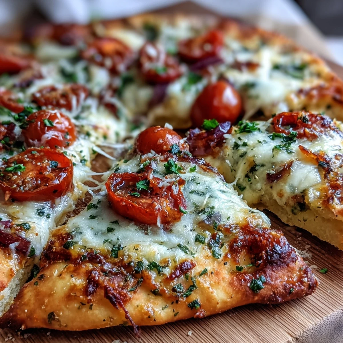Golden-brown Crispy Garlic Parmesan Naan Pizza slices topped with melted mozzarella, cherry tomatoes, and fresh spinach leaves on a rustic wooden board.