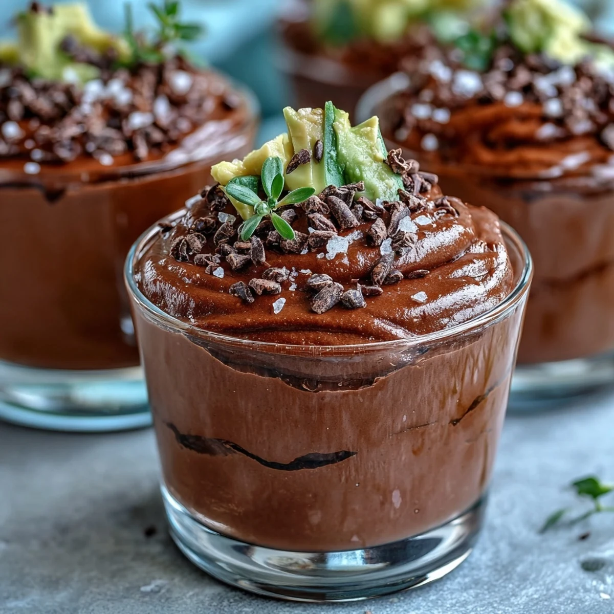 A close-up reveals a luscious Vegan Chocolate Avocado Mousse Cup, where a spoon has scooped into the smooth mousse and crispy topping.