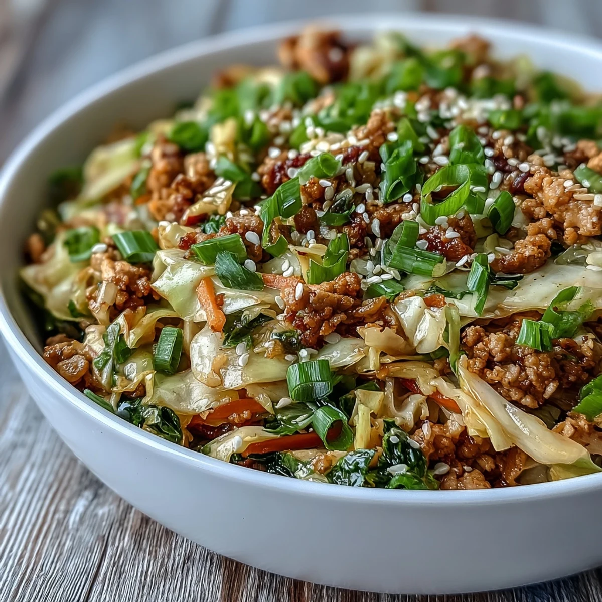 Overhead view of Keto Egg Roll in a Bowl with Ground Turkey and Sesame Oil, ready to eat alongside chopsticks and a small dish of soy sauce.
