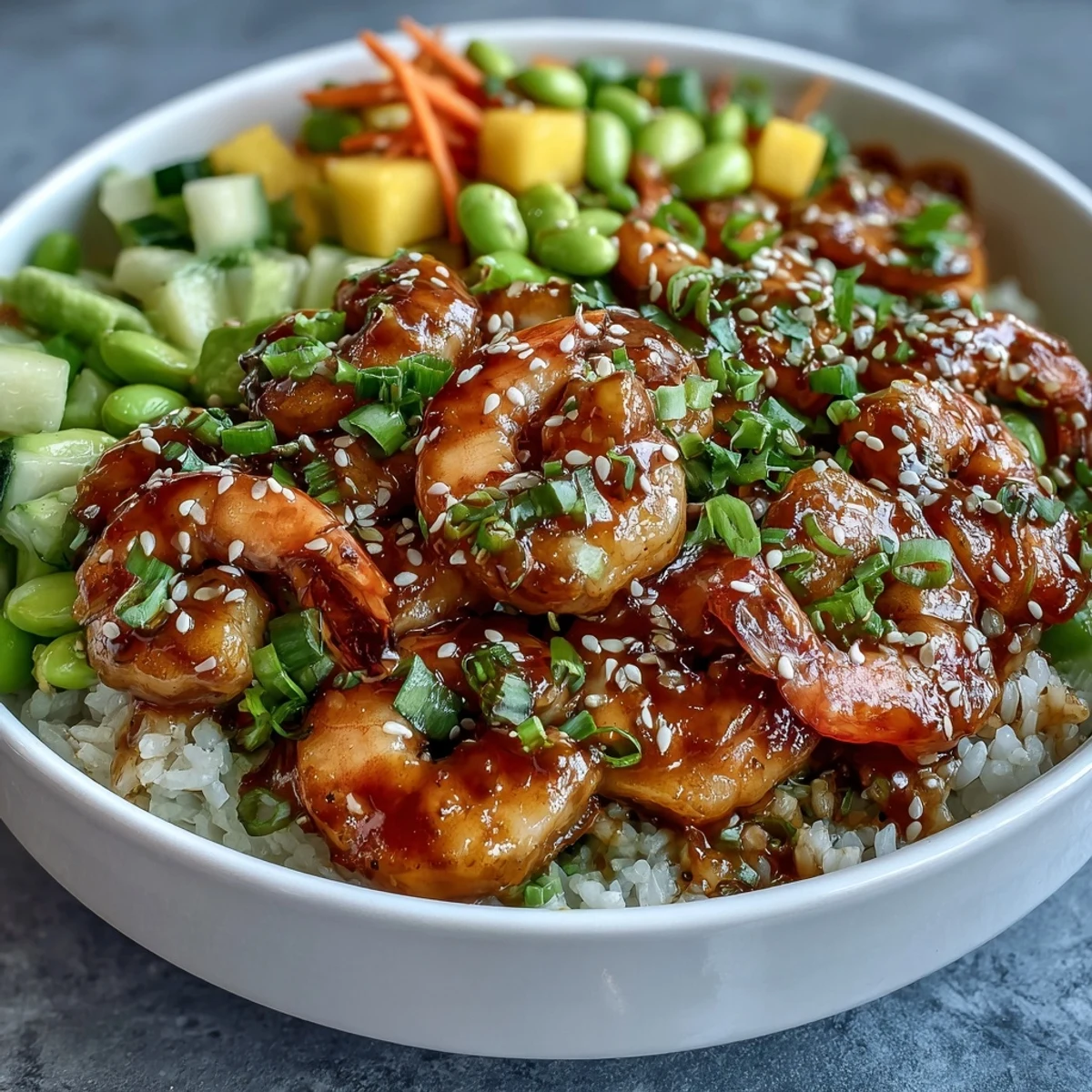 Overhead view of a 20-Minute Shrimp Poke Bowl with Mango and Edamame served on brown rice with lime wedges and sesame seeds.