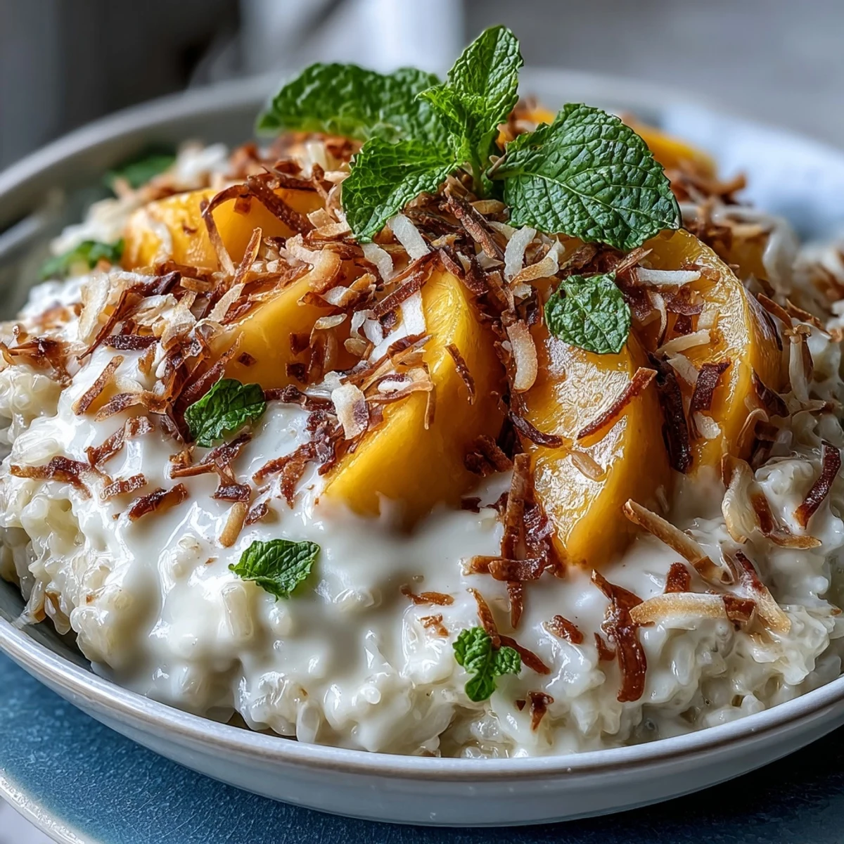 A close-up of Vegan Mango Sticky Rice Breakfast Bowls with Coconut Cream, showing fluffy sticky rice, juicy mango slices, and toasted coconut flakes.