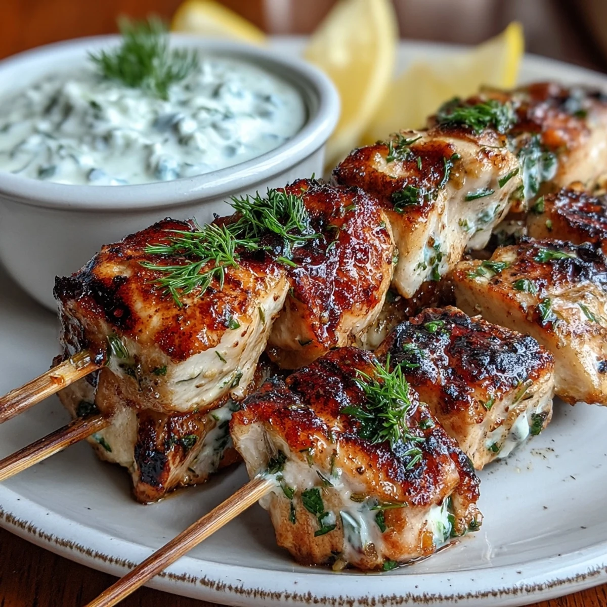 Platter of Light Lemon Herb Chicken Skewers with Tzatziki alongside grilled vegetables and fresh pita bread.