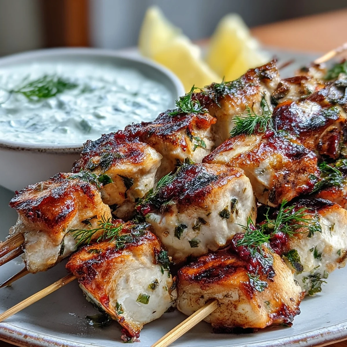 Close up of Light Lemon Herb Chicken Skewers with Tzatziki revealing juicy interior and char marks.