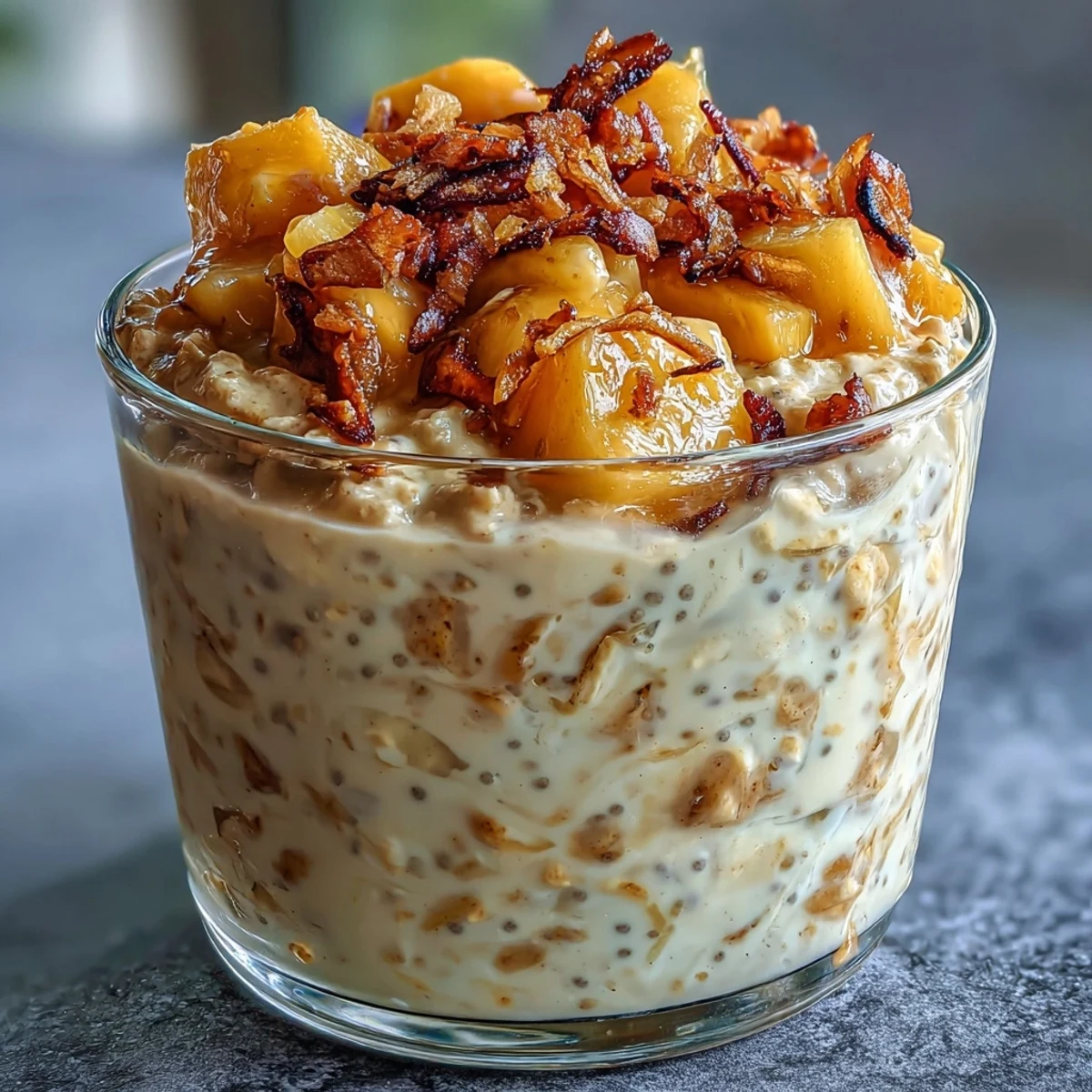 Vibrant mango overnight oats layered with chia seeds and coconut milk, finished with a golden crunch of toasted coconut and almonds. A refreshing morning treat.