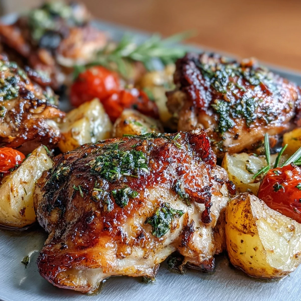 One-pan Mediterranean chicken thighs with zucchini, cherry tomatoes, and herb-roasted potatoes, bursting with lemon and garlic flavor.  