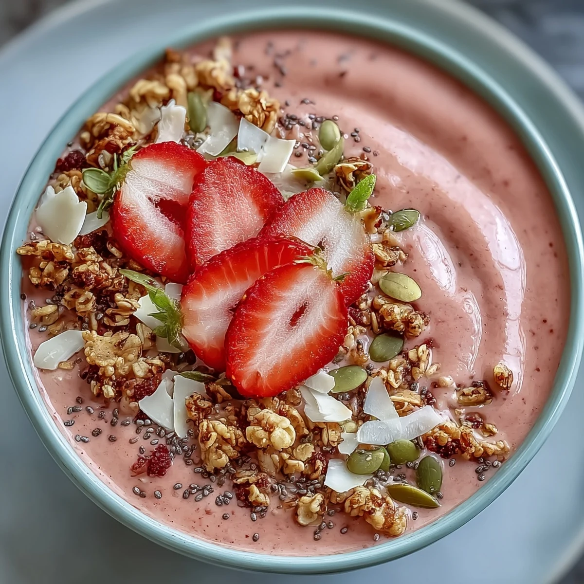 Vibrant strawberry protein smoothie bowl with hidden cauliflower cream, topped with fresh berries, crunchy granola, and seeds for a healthy, filling breakfast.
