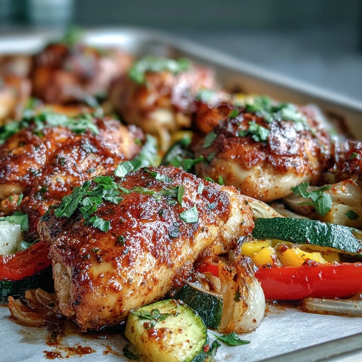 One-Pan Mango Chili Chicken and Veggie Bake with colorful roasted vegetables and juicy mango slices on a baking sheet.  