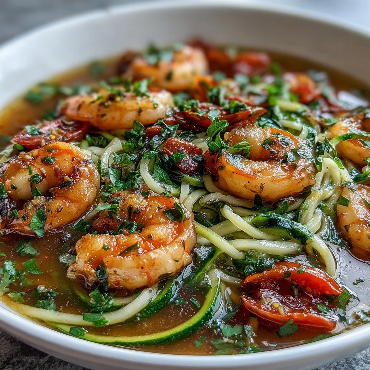 15-Minute Zucchini Noodle Shrimp Bowl with Lemon-Garlic Broth, a vibrant dish of tender shrimp and spiralized zucchini in zesty citrus broth.