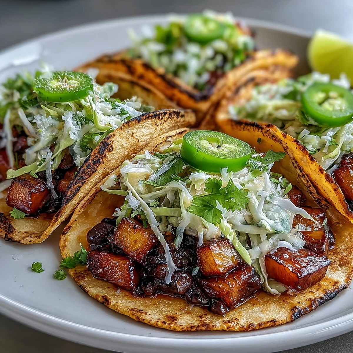 Colorful vegan tacos with juicy pineapple, black beans, and creamy coconut lime slaw—tropical flavors in every bite.