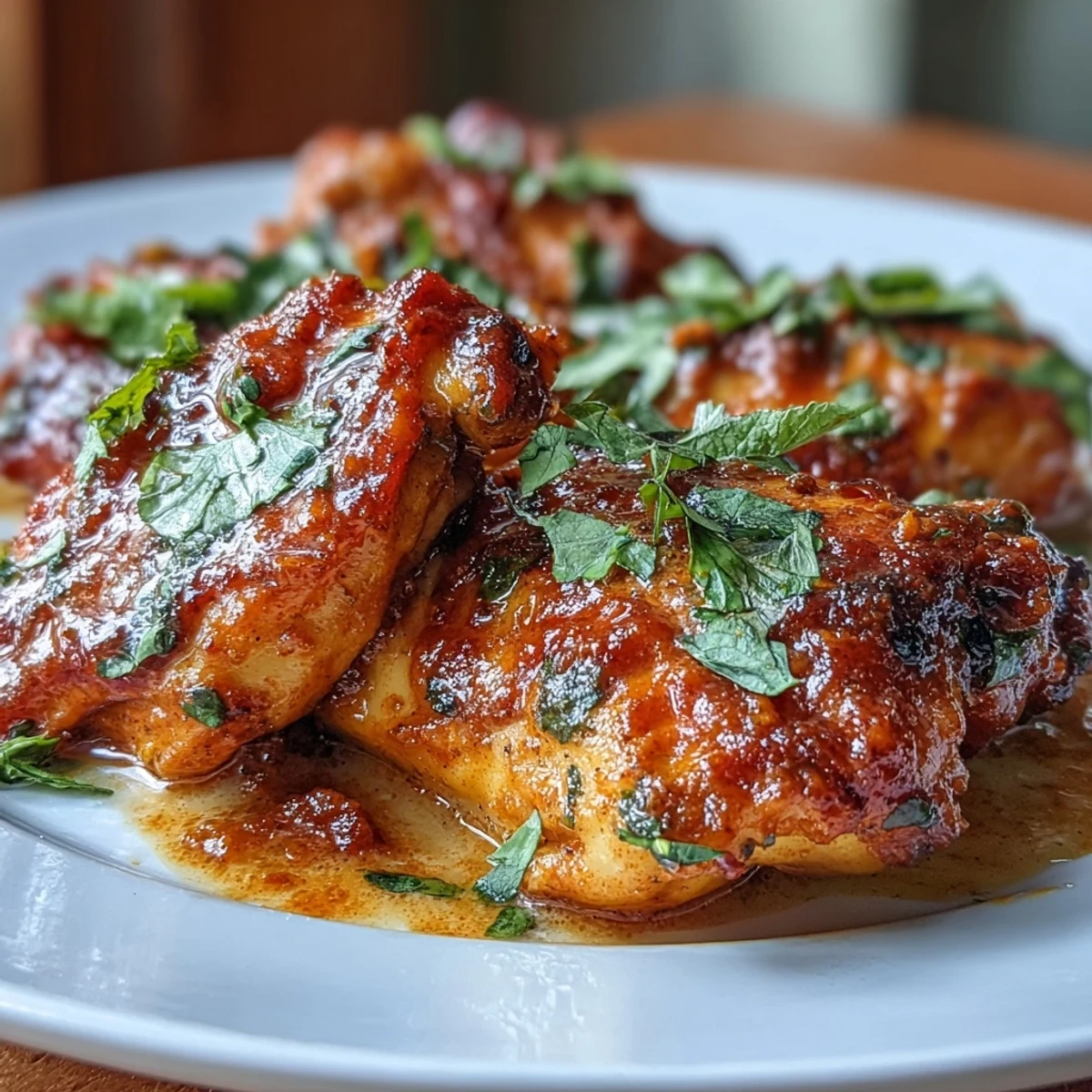 Baked chicken curry featuring tender, yogurt-marinated thighs simmered in bold, tangy curry sauce with ginger, turmeric, and fresh cilantro.  