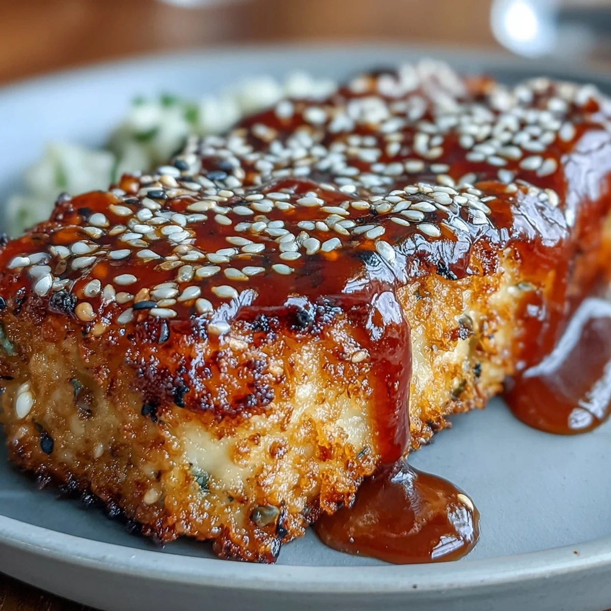 Savory plant-based main dish featuring pressed tofu slabs encrusted with sesame and panko, pan-fried until golden and finished with a rich, sweet-salty teriyaki glaze.  