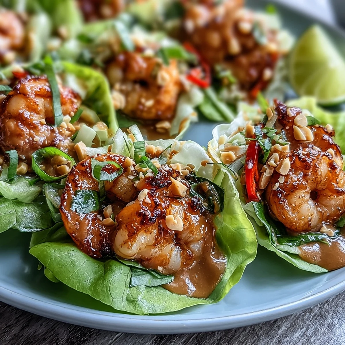 Fresh shrimp lettuce wraps with creamy peanut sauce, crisp vegetables, and lime wedges for a light, healthy meal.  