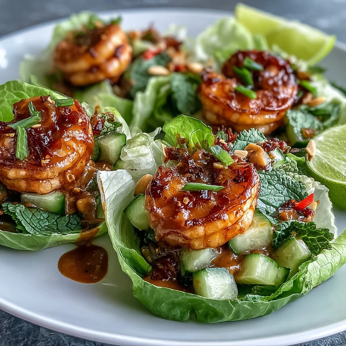 Easy shrimp lettuce wraps featuring juicy shrimp, fresh butter lettuce, and homemade peanut sauce, perfect for a quick dinner or appetizer.