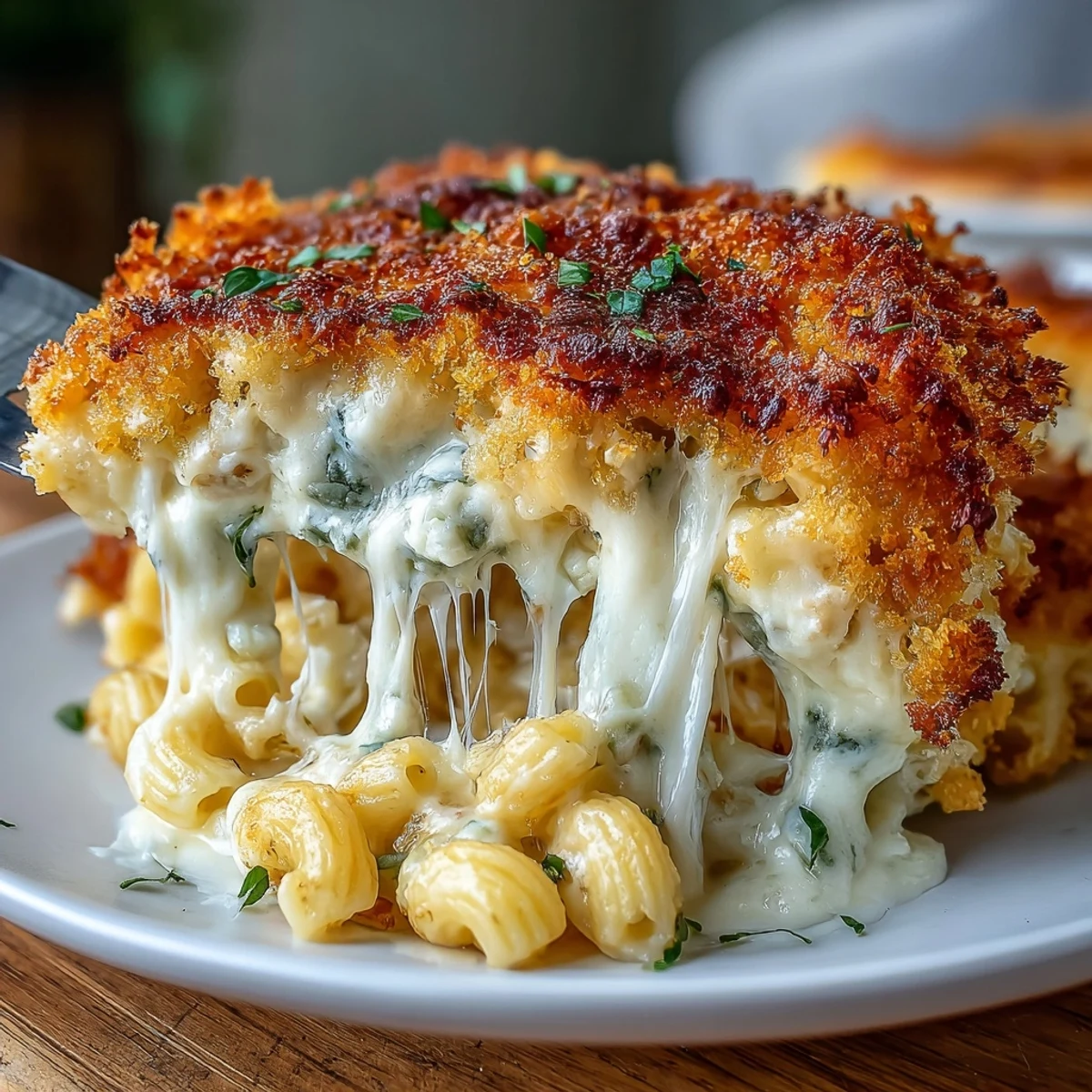 Rich Four-Cheese Macaroni Bake topped with buttery breadcrumbs for a crunchy, savory finish.