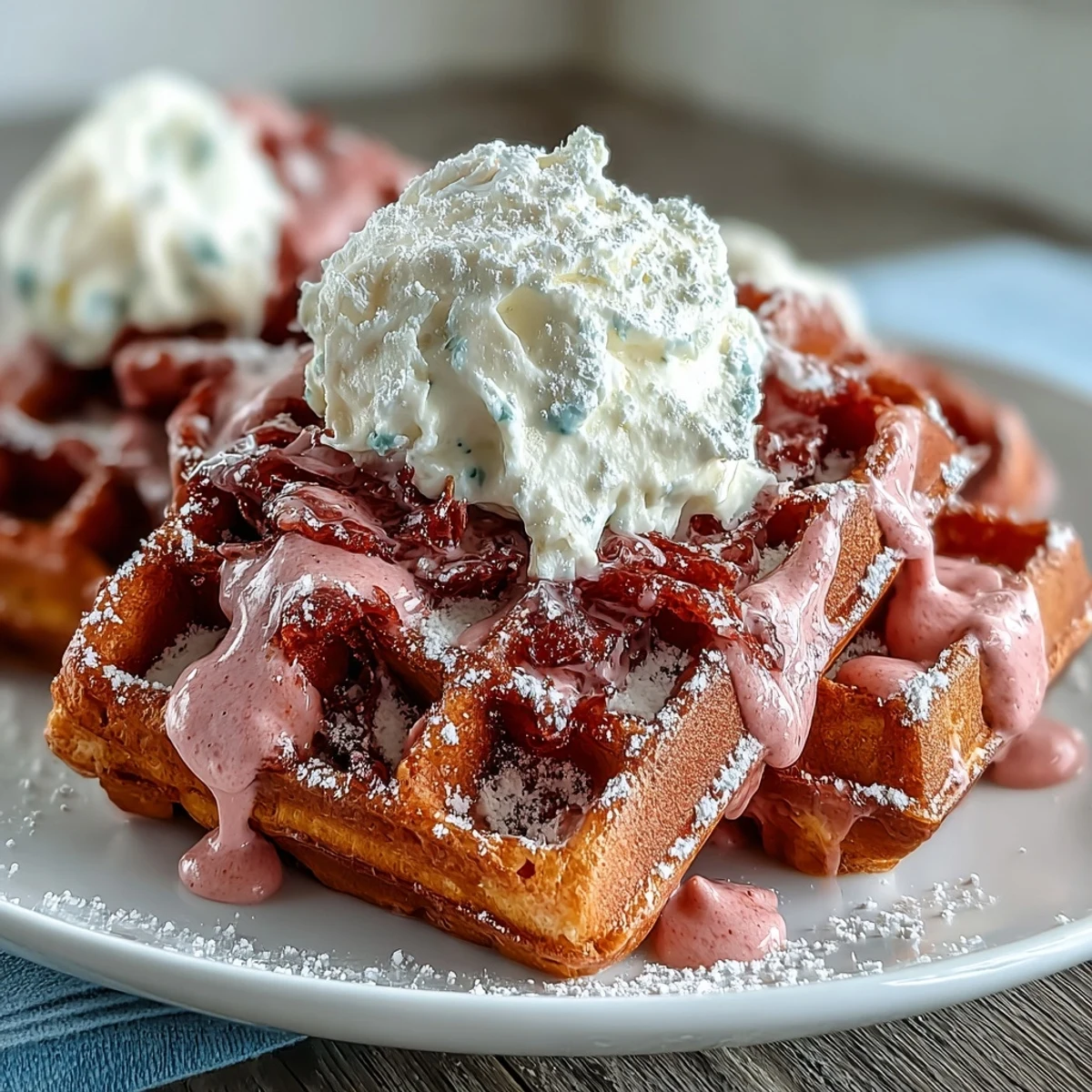 Decadent pink velvet waffles featuring a cocoa twist, served with luscious cream cheese drizzle and fresh berry garnish.