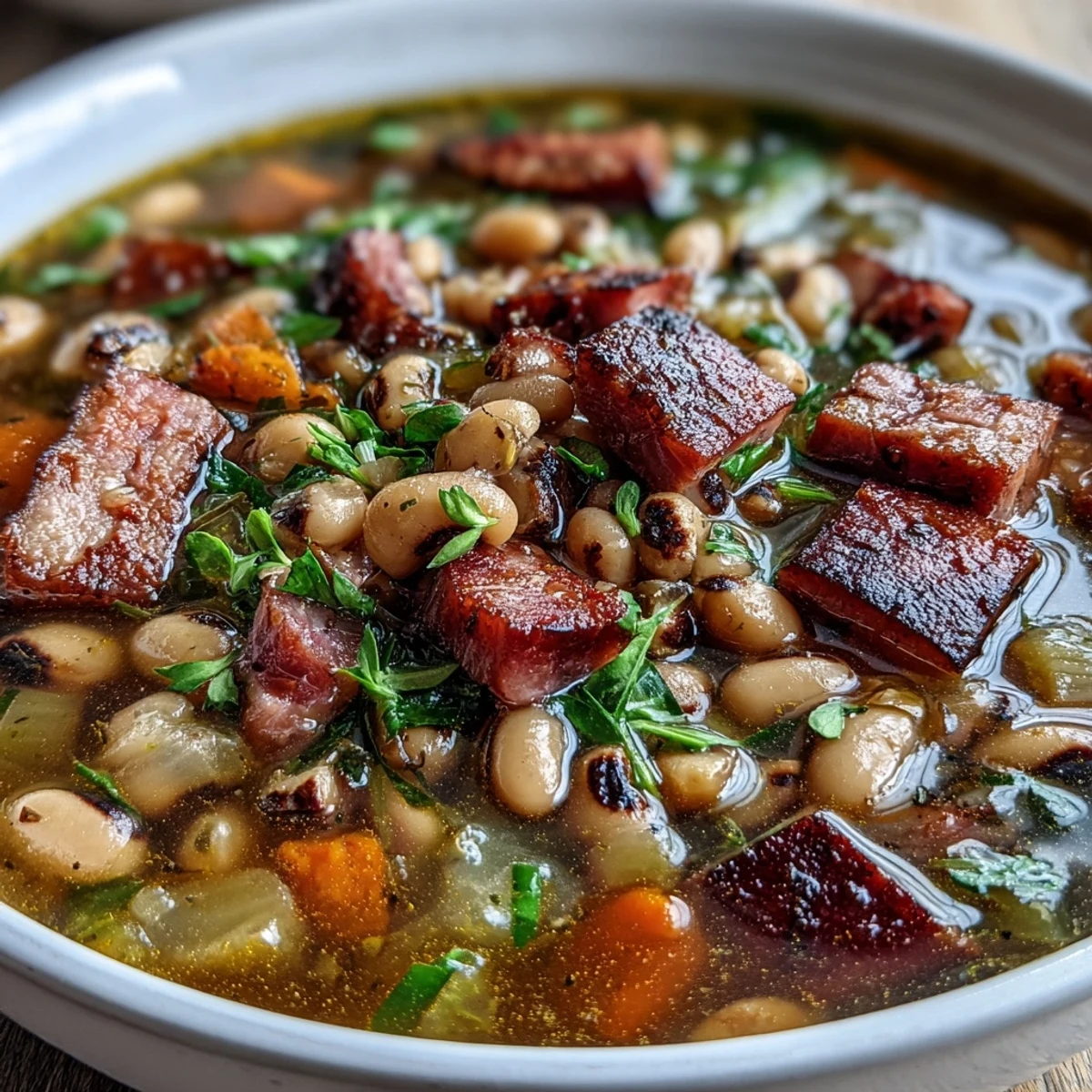A steaming bowl of ham and black-eyed pea soup, rich with tender beans, smoky ham, and aromatic vegetables for a comforting Southern meal.