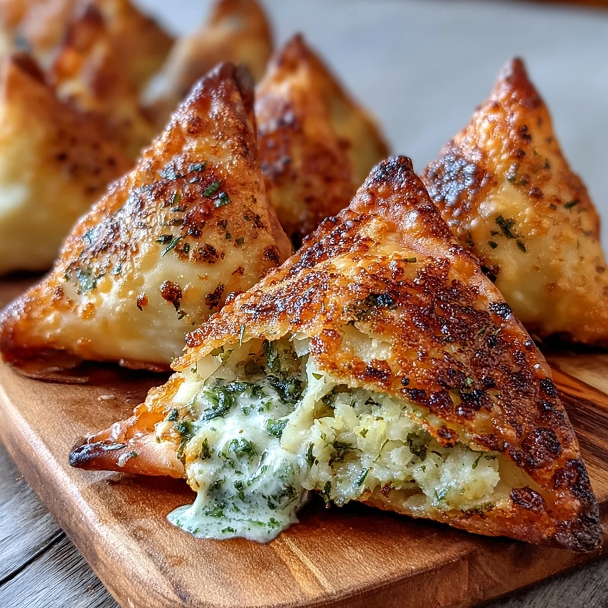 Golden-brown vegetable samosas, air-fried to perfection, paired with vibrant green mint chutney for a healthy snack.  