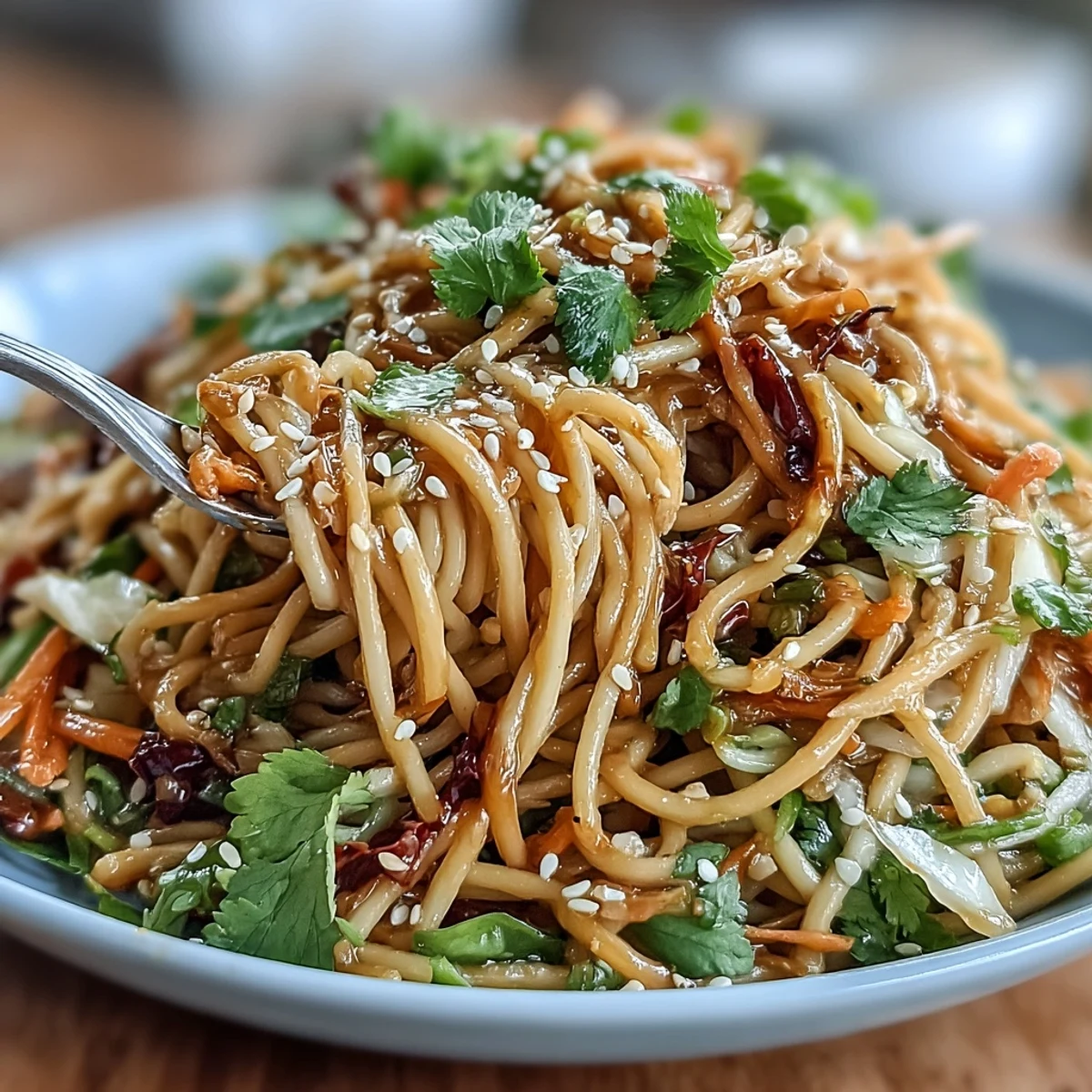 Asian Sesame Noodle Salad with Peanut Dressing served in a large bowl, garnished with cilantro and sesame seeds.  