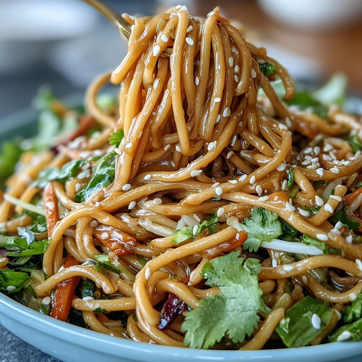 Close-up of Asian Sesame Noodle Salad with Peanut Dressing, featuring colorful vegetables and a creamy peanut sauce.  