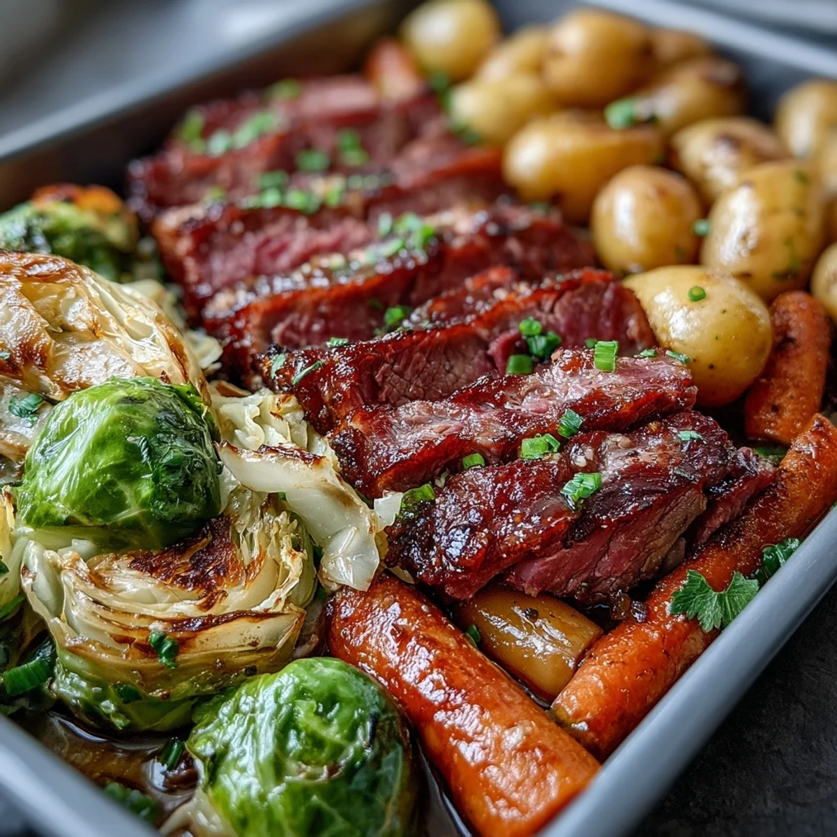 Vibrant roasted vegetables and savory corned beef slices arranged on a sheet pan, perfect for an easy Irish-American meal.  