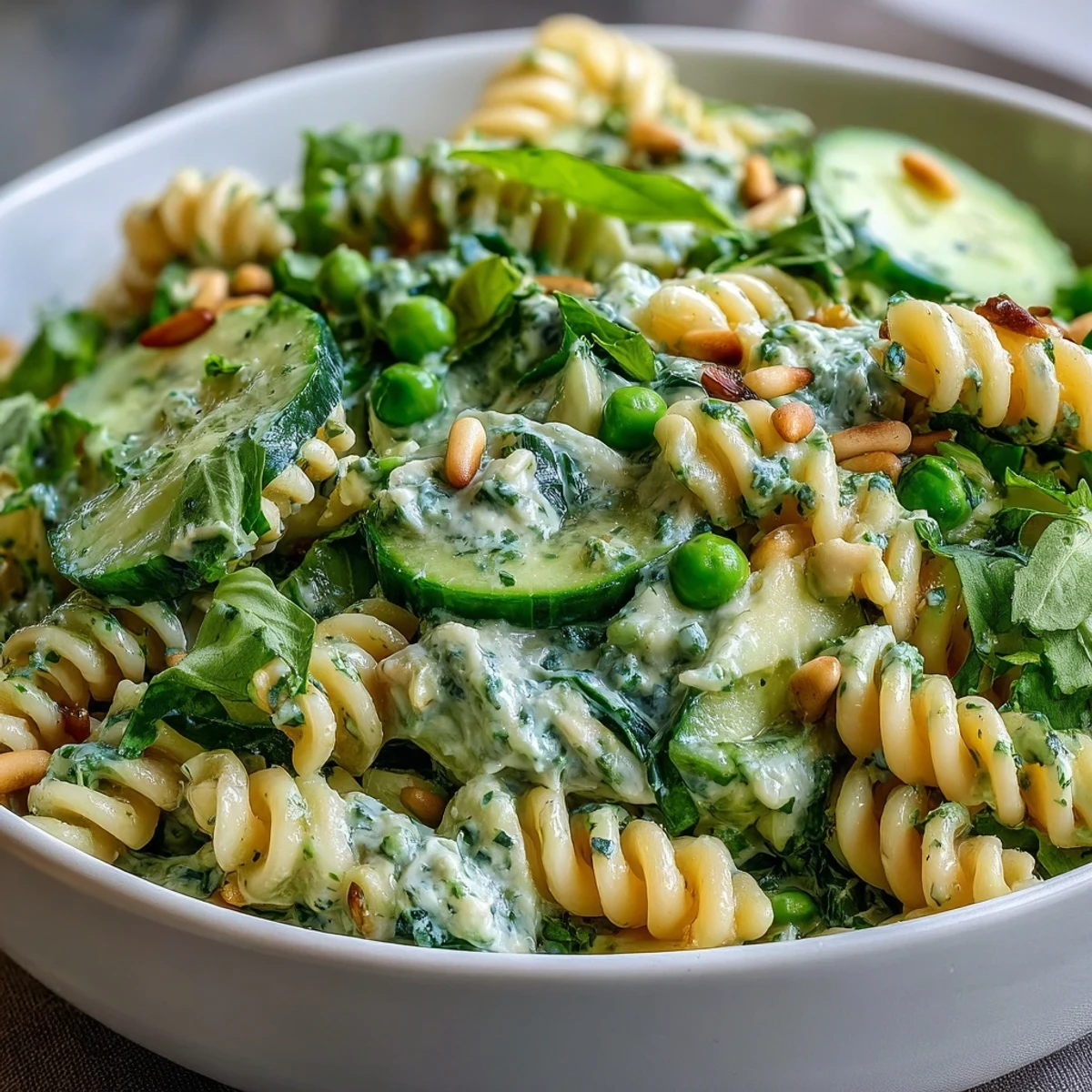 Spring Green Goddess Pasta Salad with Peas and Herbs, featuring vibrant pasta, crisp peas, and creamy herb dressing, served in a large white bowl with fresh herbs scattered on top.  
