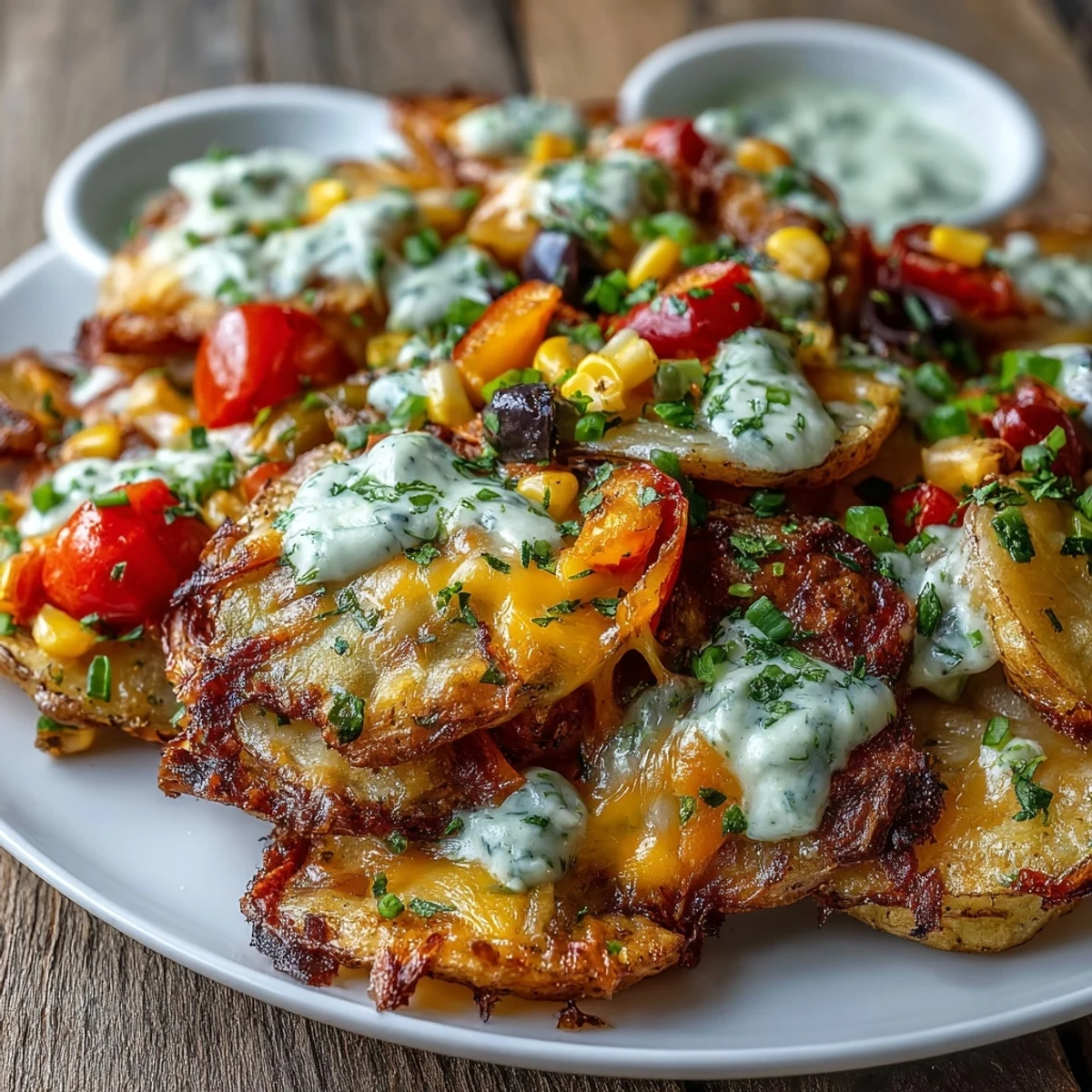 Colorful rainbow veggie Irish nachos with crispy roasted potato rounds, melted cheddar, and vibrant peppers, served with tangy Greek yogurt ranch.