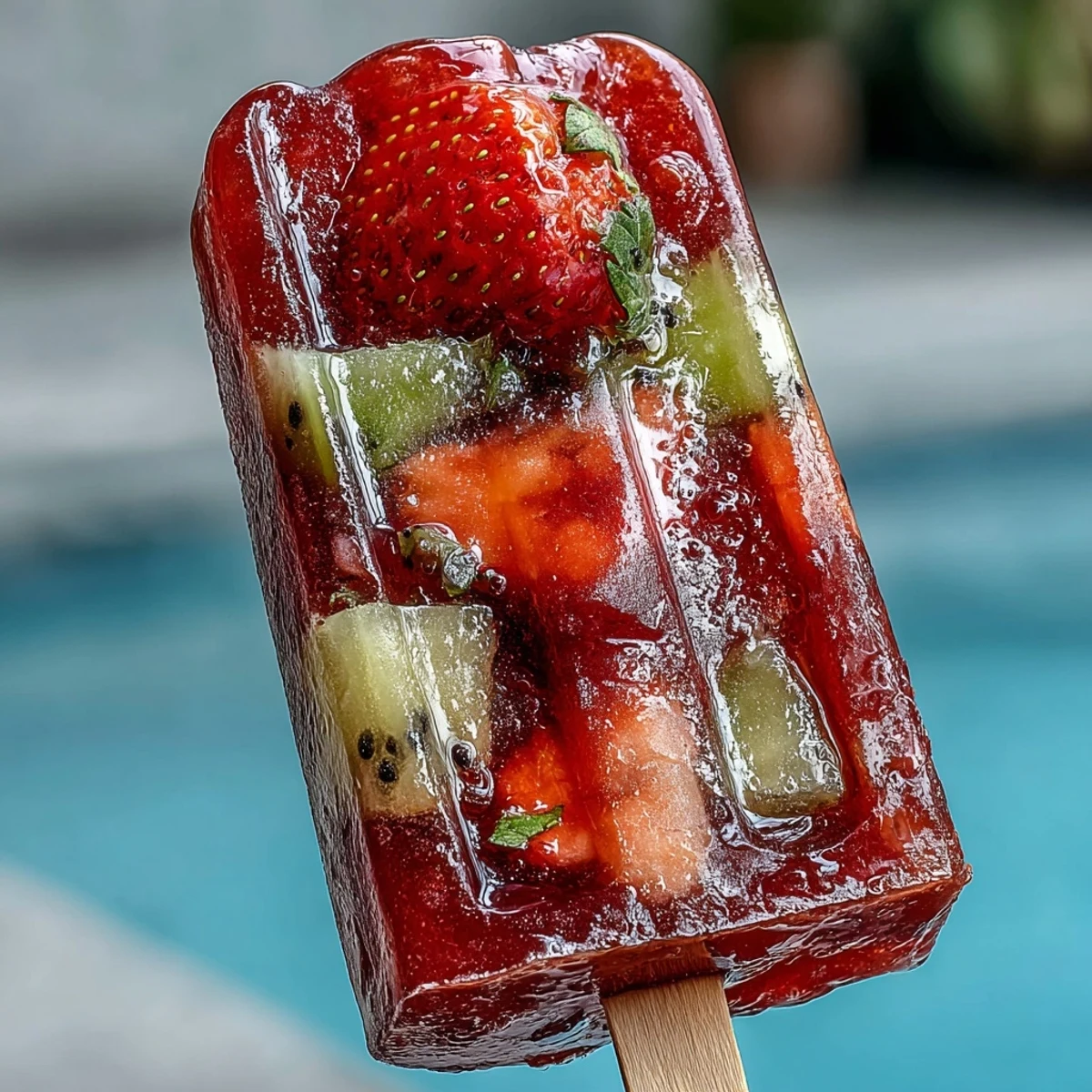 Tropical Strawberry Daiquiri Popsicles featuring juicy mango, pineapple, and kiwi chunks for a boozy poolside delight.  