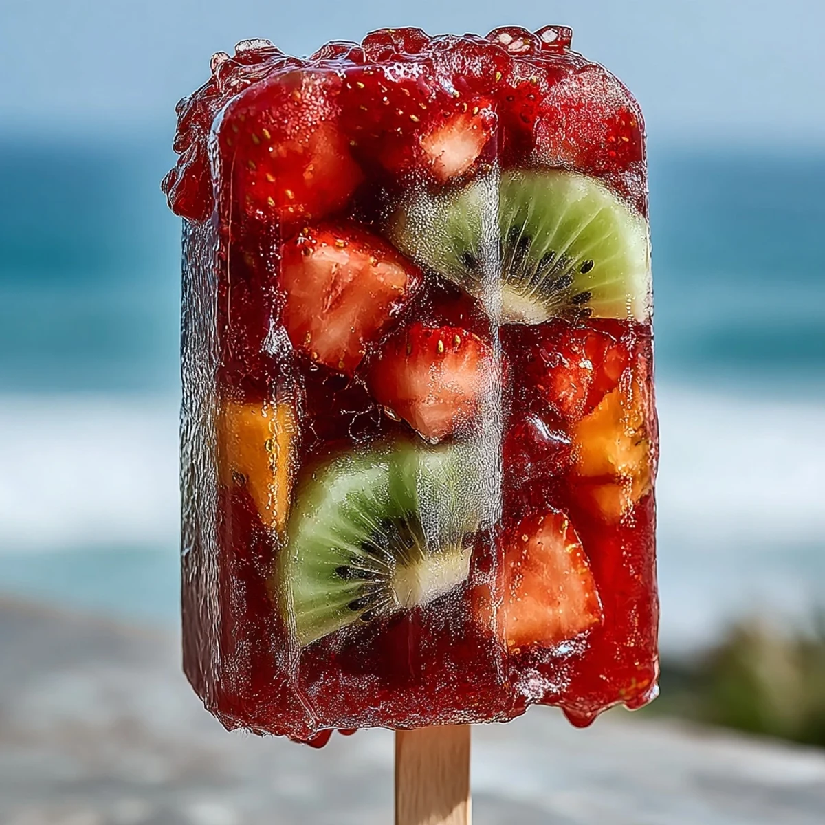 Homemade Strawberry Daiquiri Popsicles with fresh strawberry and lime flavors, frozen with colorful fruit pieces inside.