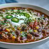 Steaming pot of Taco Soup filled with seasoned ground beef, beans, and corn, perfect for a game day gathering.