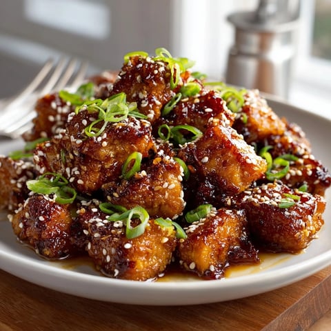 Close-up of glossy, enticing Sticky Ginger Sesame Chicken; perfect served atop fluffy rice.